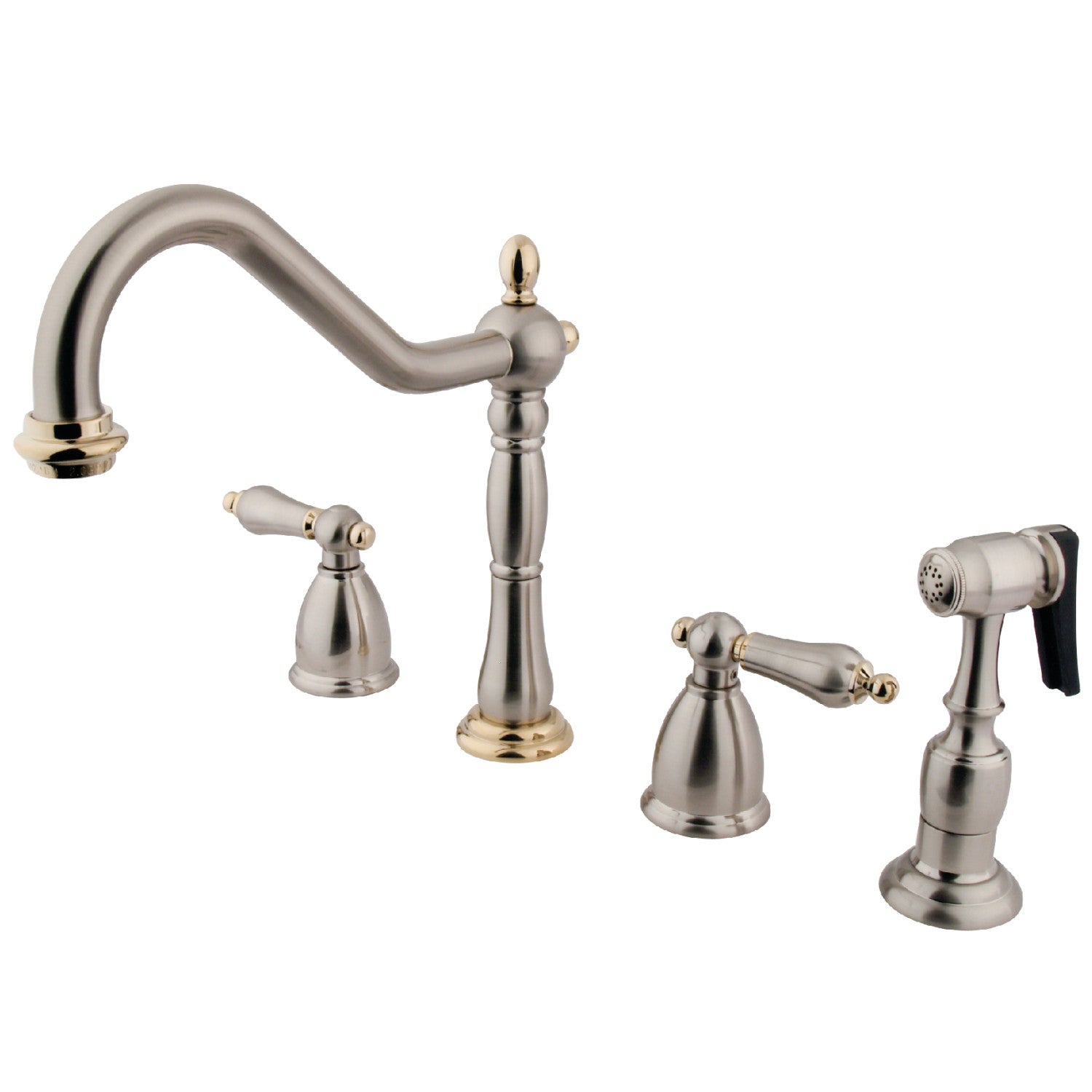 Kingston Heirloom KB1799ALBS - Heritage Double-Handle 4-Hole Widespread Kitchen Faucet with Brass Sprayer, Brushed Nickel/Polished Brass — image 1